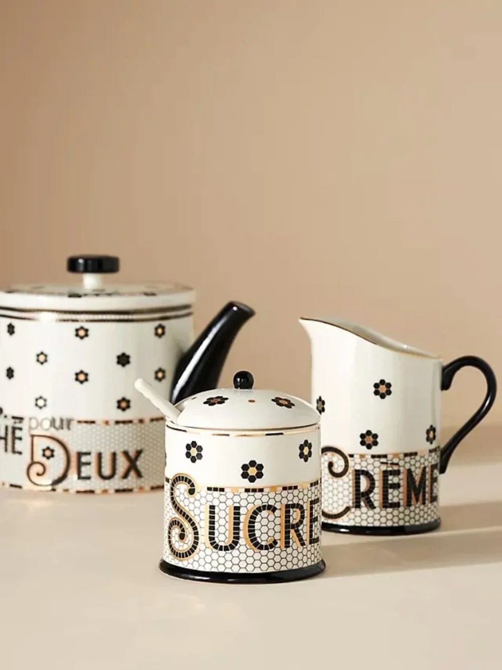 Anthropologie Bistro Tile Decaled Stoneware Sugar Bowl Pot 3 Pcs Set Mosaic New